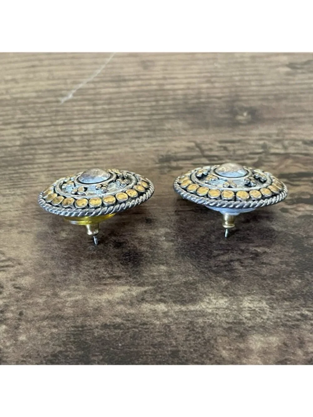 Vintage Napier Earrings Silver Gold Two Tone Etruscan Byzantine Style Post Back